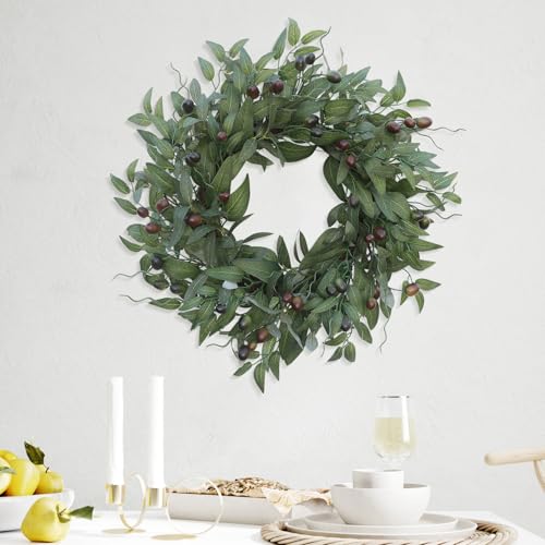 20-Inch Artificial Olive Wreath for Front Door, Realistic Leaf & Berry Decor