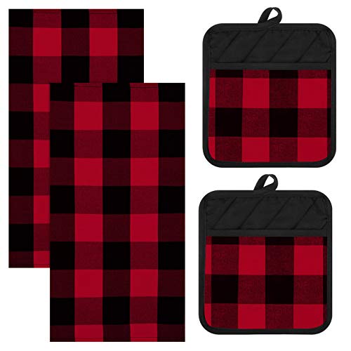Buffalo Check Kitchen Towels & Pot Holders Set - Black and Red, 4 Pieces
