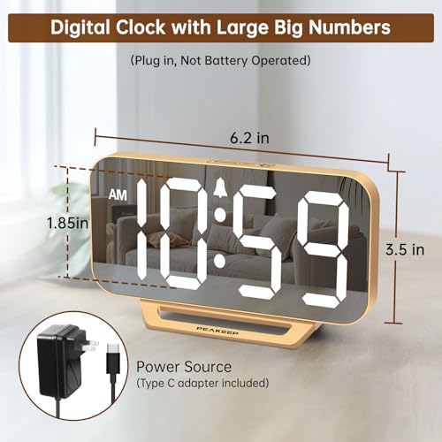 Digital Mirror LED Alarm Clock with 6 Dimmers & Battery Backup - Gold