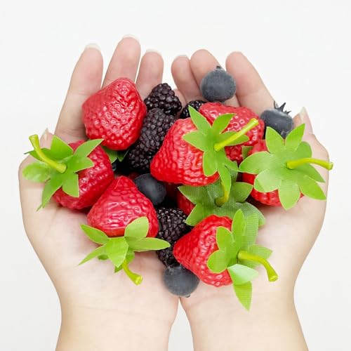 60 PCS Artificial Fruit Set - Fake Blueberries & Strawberries for Decor