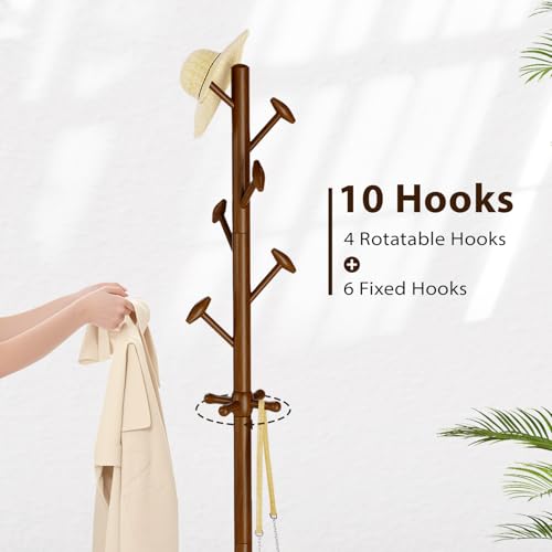 Solid Rubberwood Freestanding Coat Rack with 10 Hooks & Adjustable Height