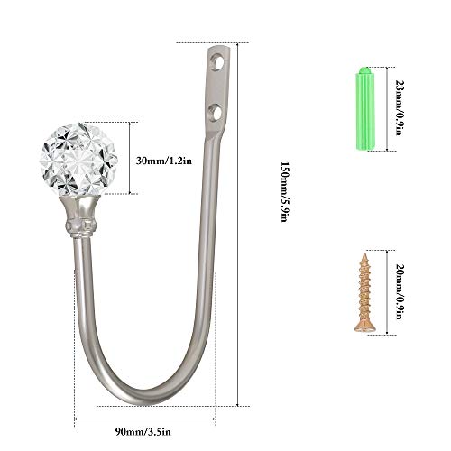 Metal Curtain Holdbacks with Crystal Ball, 2-Pack Heavy Duty Wall Hooks