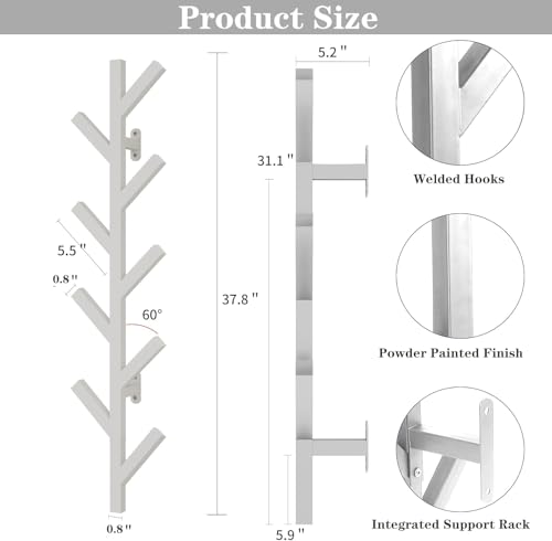 Vertical Wall-Mounted Coat Rack, 37.8-inch Steel Hat Hook with 9 Hooks