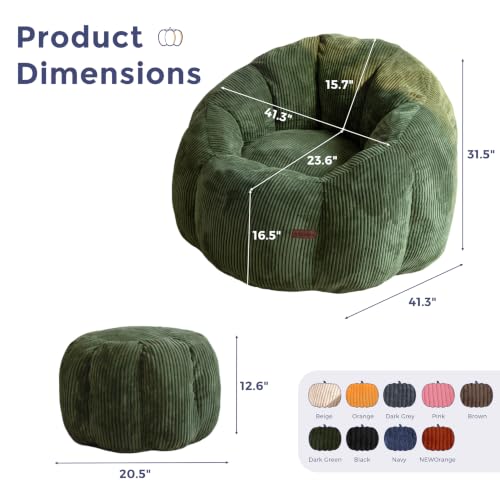 Oversized Bean Bag Chair with Ottoman, Pumpkin Lounge Chair in Green