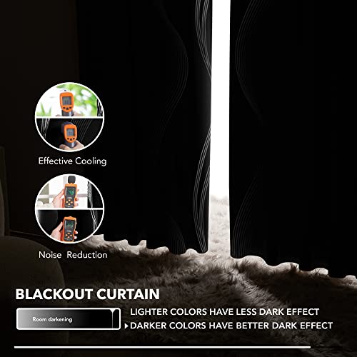 Deconovo Blackout Back Tab Curtains with Geometric Pattern, Room Darkening, Heat Blocking, Energy Saving Drapes for Bedroom, Living Room, 2 Panels, Black, 42W x 84L Inch, Wave Stripe