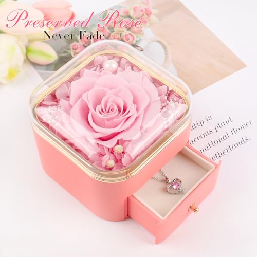 Preserved Real Rose and Heart Necklace Gift Box for Anniversary Birthday