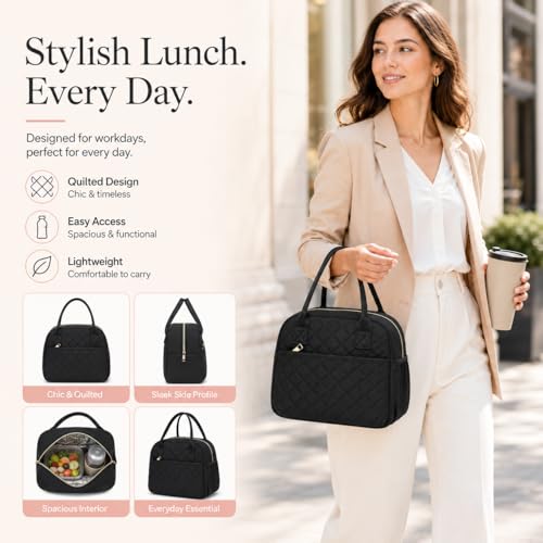 Insulated Lunch Bag for Women - Leakproof Quilted Thermal Lunch Tote (Black)