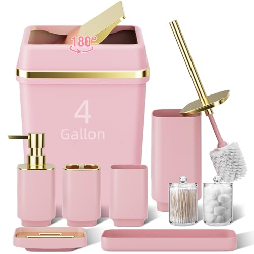 9-Piece Pink Bathroom Accessory Set with 4-Gallon Trash Can and Organizer
