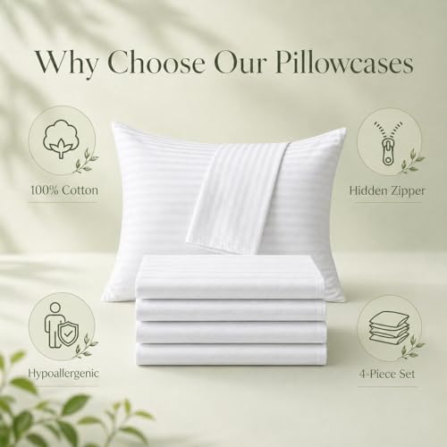 100% Cotton Pillow Protectors with Zipper, Standard Size, 4-Piece Set