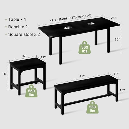 5-Piece Extendable Dining Table Set for 4-8, 63" Table with Benches