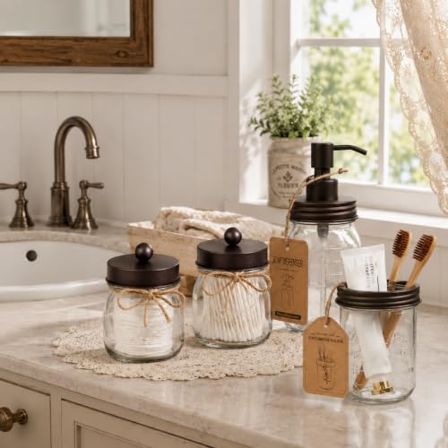 6-Piece Mason Jar Bathroom Accessory Set with Wire Basket