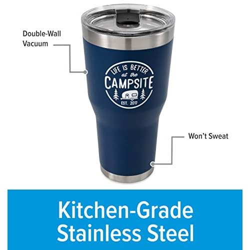 Camco Life is Better at The Campsite Tumbler | Heavy Duty Double Wall Vacuum Insulation | Crafted of 18/8 Stainless Steel | Unique ¡°Life is Better at The Campsite¡± Design on Navy | 30-oz (53324)