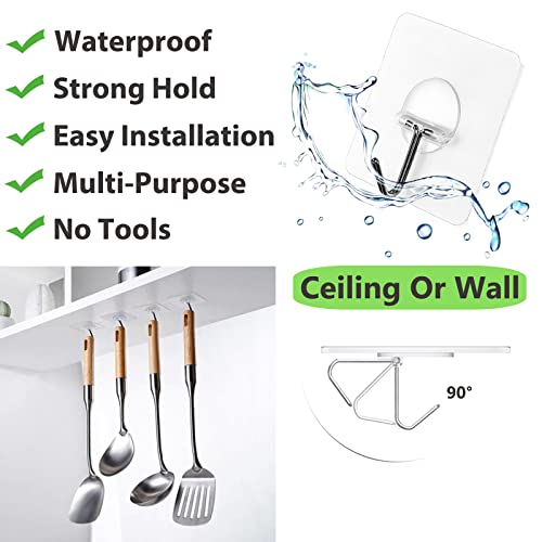 Clear Adhesive Wall Hooks Heavy Duty 13lb 12 Pack - No Drill Transparent Hooks