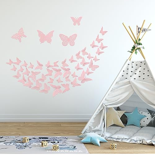 3D Pink Butterfly Wall Decor Stickers - 48 Piece Set for Party & Home