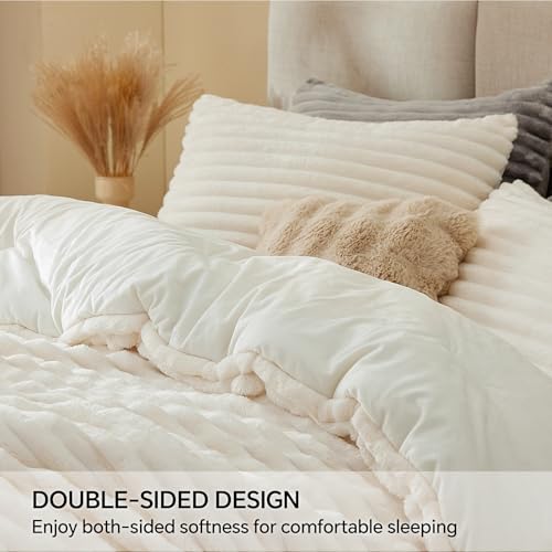 Plush Faux Fur Queen Comforter Set - Warm Fleece Bedding, Cream White
