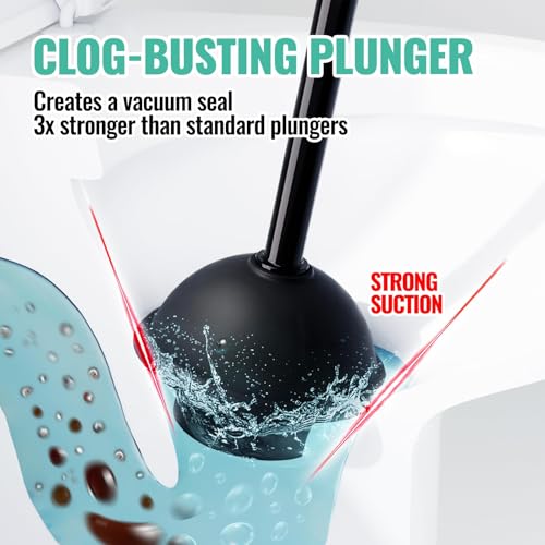 3-in-1 Toilet Brush and Plunger Set with Holder & Crevice Brush - Black
