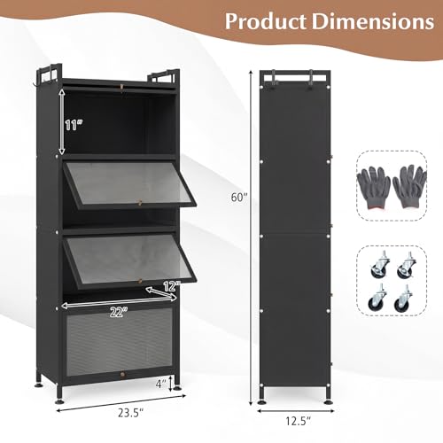 5-Tier Kitchen Storage Cabinet with Rolling Wheels and Flip-Up Doors