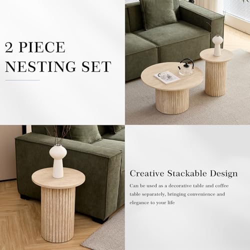 Round Nesting Coffee Table Set of 2, Modern Wood Accent Tables for Living Room