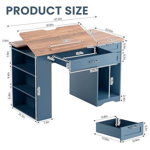 Adjustable Drafting Table with Storage Drawers and Shelves - Blue Art Desk