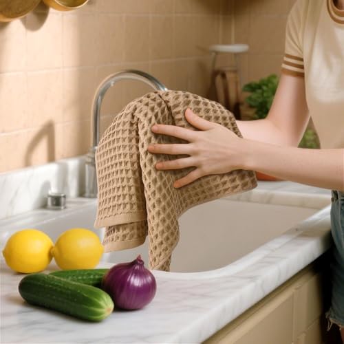Waffle Weave Cotton Hand Towels - 2-Piece Set, 13" x 29", Tan