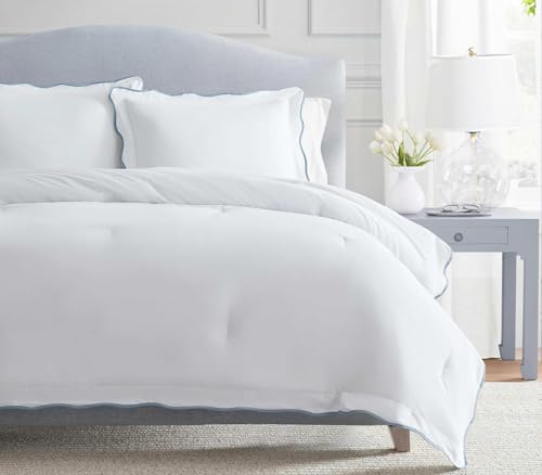 Queen Duvet Cover Set 100% Cotton Percale Reversible Bedding - Scallop Blue