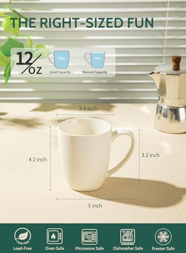 Sweese 12oz White Porcelain Coffee Mugs - Set of 6 for Latte, Tea, Hot Drinks