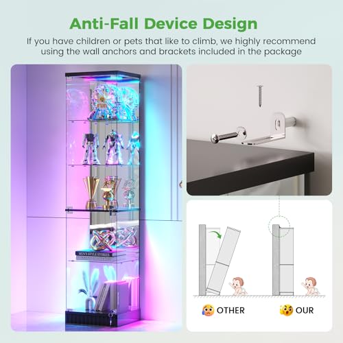 5-Tier Lockable Glass Display Cabinet with Motion Sensor LED Lights