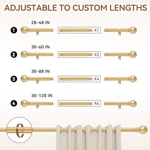 Gold Adjustable Curtain Rod 28-48 Inch - 5/8" Heavy Duty Metal Drapery Rod