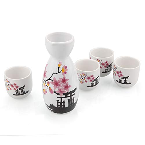 ABuff Japanese Sake Set with 1 Ceramic Tokkuri Bottle & 4 Ochoko Cups - Microwave & Dishwasher Safe