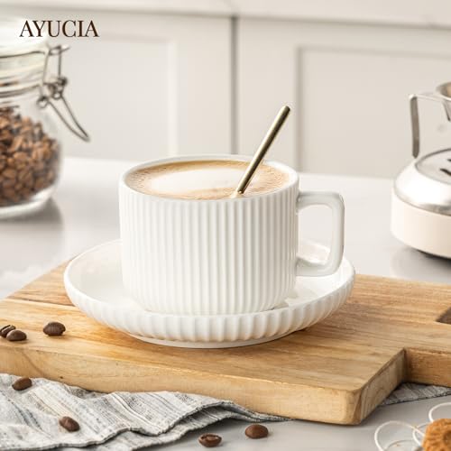 AYUCIA White Cream 8oz Cappuccino Cups Set of 4 with Saucers & Spoons