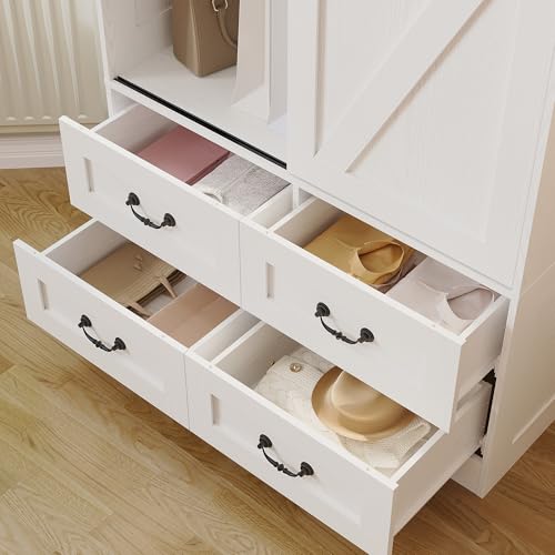 71-Inch Wooden Wardrobe Closet with Sliding Barn Doors and 4 Drawers