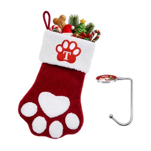 Ulico Dog Paw Christmas Stocking with Initials T - Large Monogram Pet Stocking (Red)
