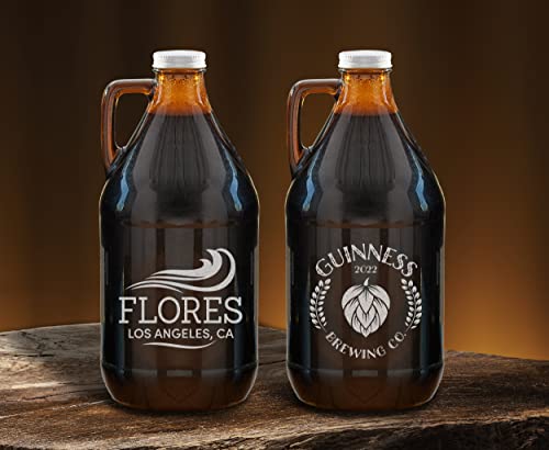 64 oz Amber Glass Beer Growler with Handle - Personalized Refillable Jug