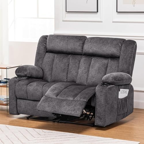 2-Seat Manual Reclining Loveseat with Cup Holders, Dark Gray Fabric