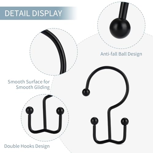 Goowin Double Glide Rust Proof Black Shower Curtain Hooks, 12 Pack