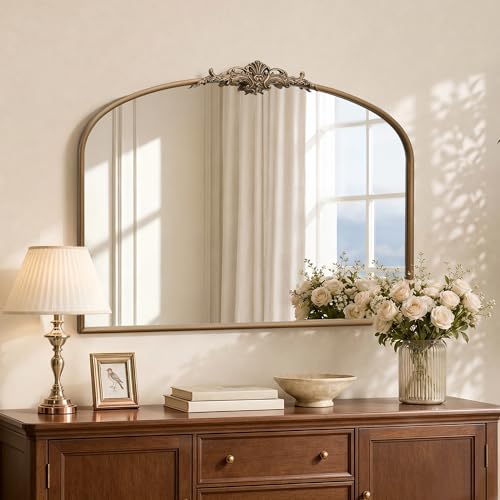 Large Arched Gold Wall Mirror, 40"x29" Antique Baroque Metal Framed Mirror