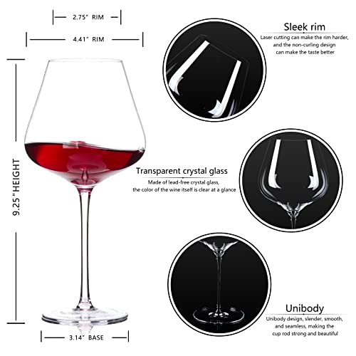 Hand-Blown Crystal Red Wine Glasses, 23 oz Large Stemware Set of 4