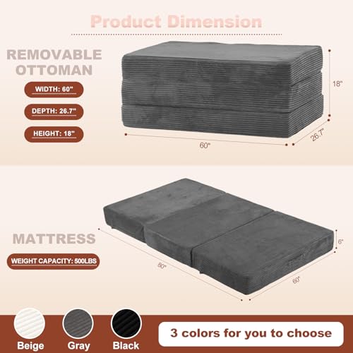 Grey AOLVDOW 6-Inch Tri-Fold Portable Foldable Mattress Queen Size for Camping & Guest Use