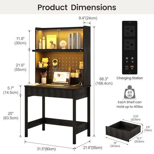31.5" Compact Computer Desk with Hutch, Charging Station and 2 Drawers