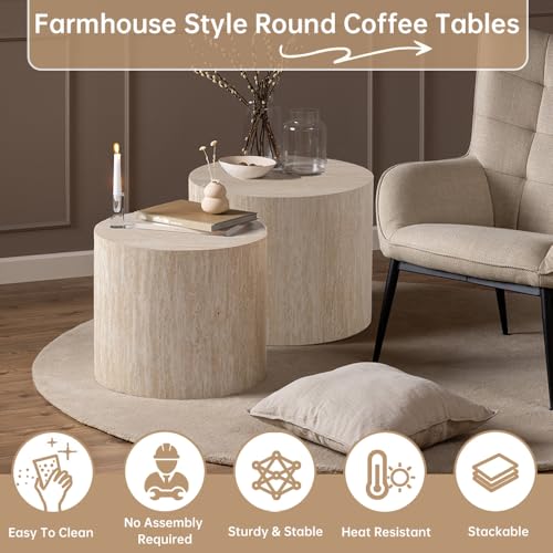 Round Travertine Nesting Coffee Table Set of 2, Modern Nested Side Tables