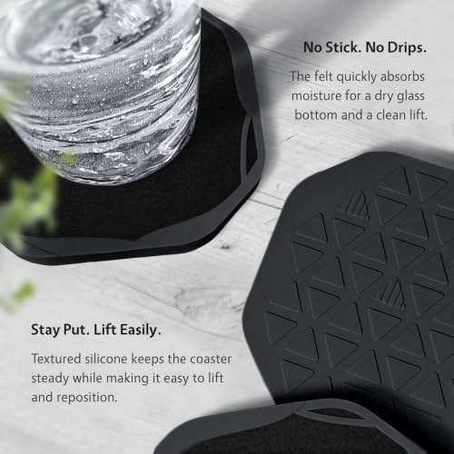 UMIRRO 6 Pack Black Octagon Felt & Silicone Drink Coasters with Holder - Absorbent & Leakproof