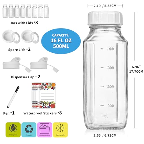 16 oz Glass Bottles with Lids - 8 Pack Reusable Juice and Milk Containers