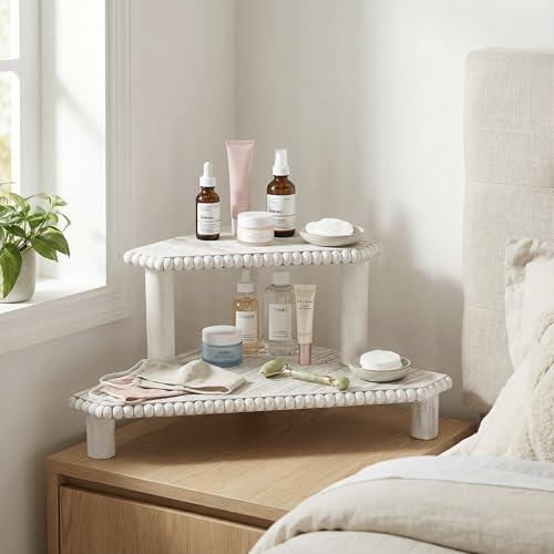 2-Tier Rustic Wood Corner Shelf, Farmhouse Countertop Organizer Riser