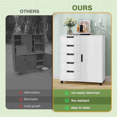 5-Drawer Metal Rolling Storage Cabinet with Adjustable Shelf - White