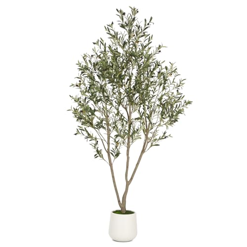 7FT Tall Artificial Olive Tree with White Planter & Wood Trunk