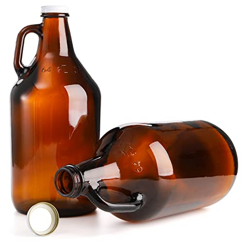 64 oz Amber Glass Growler Jugs with Lids - 3 Pack for Home Brewing & Storage