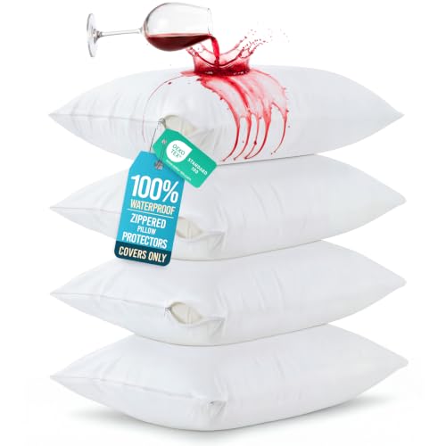 Waterproof Queen Pillow Protectors, Zippered Jersey Knit Covers - Set of 4