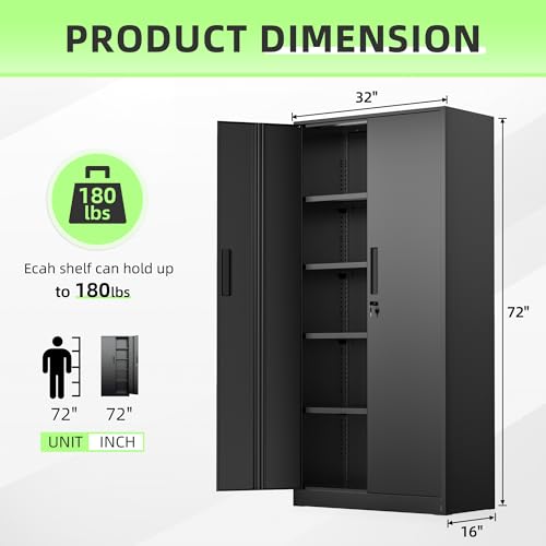 72-Inch Tall Locking Metal Storage Cabinet with 4 Adjustable Shelves, Black
