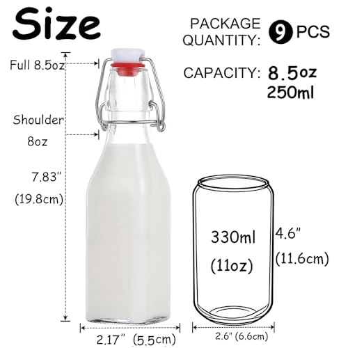 Swing Top Glass Bottles 8 oz Airtight Lids 9 Pack for Home Brewing and Fermentation
