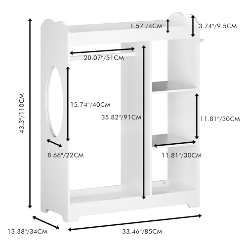 Kids Dress Up Storage Rack with Mirror, Hanging Rod, and Shelves - White